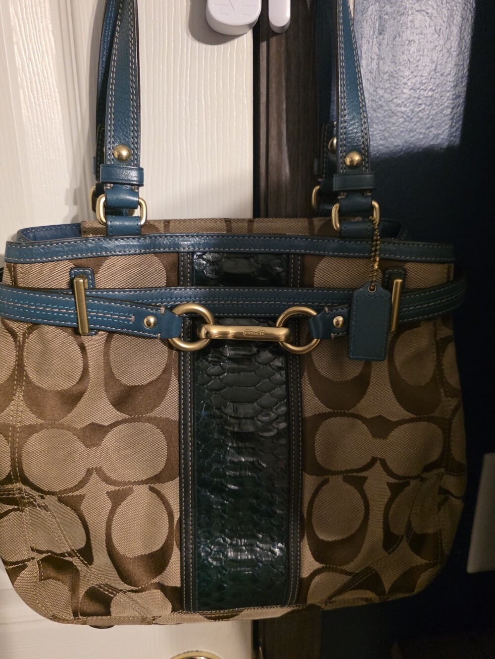 Coach Hampton Signature Tote featuring teal python-embossed leather trim.
